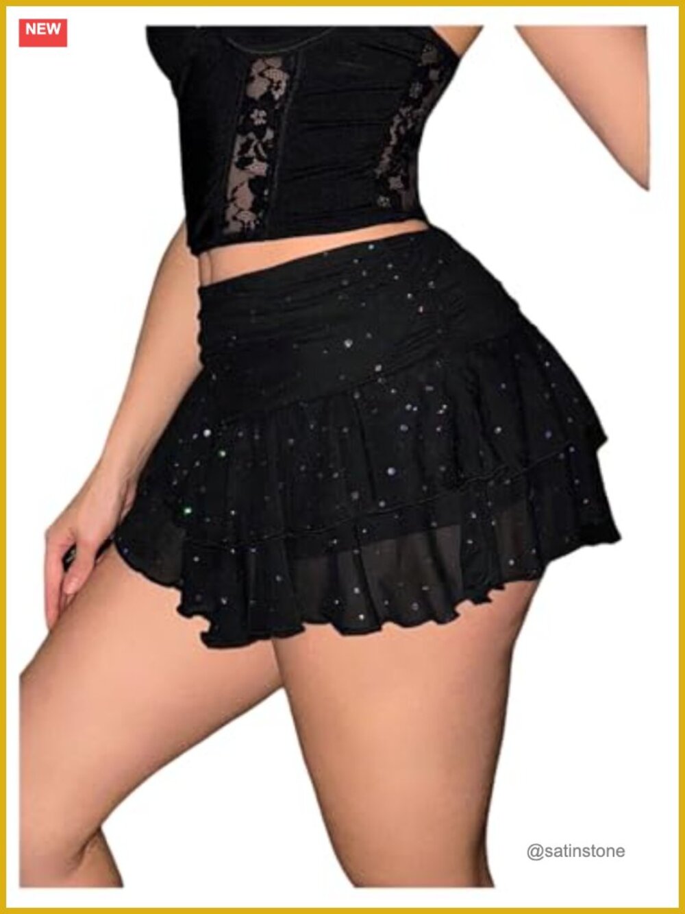 Y2K Mesh Ruffle Mini Skirt Rhinestone Party Club Wear